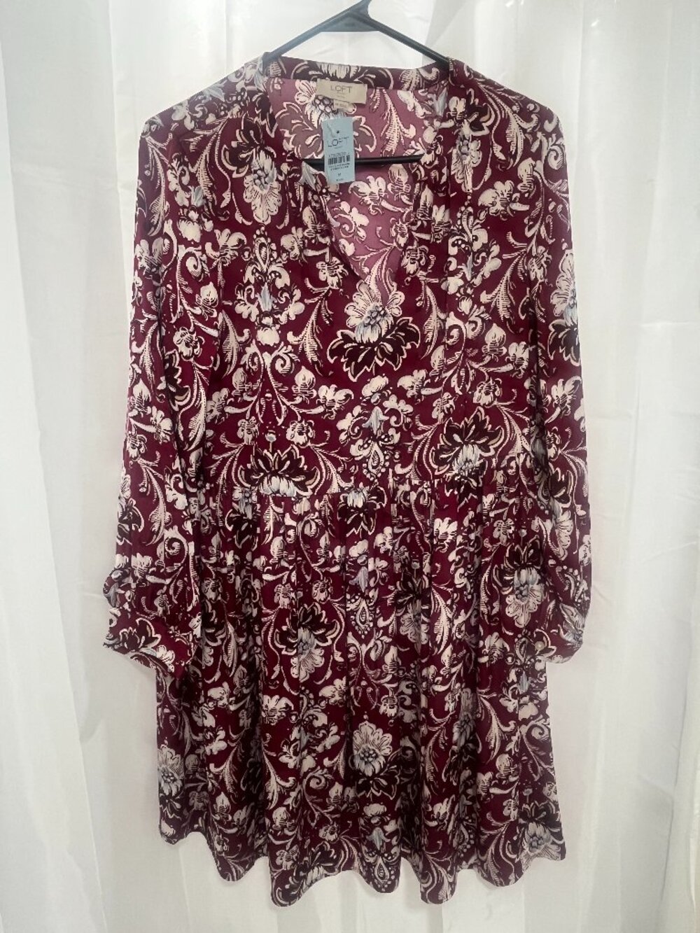 LOFT Floral Long Sleeve Dress Burgundy Print NWT Women’s Medium Petite (10P)